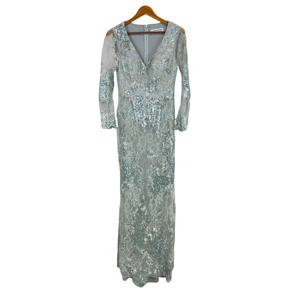 Mac Duggal NWT Embellished V-Neck Illusion Long Sleeve Gown Seamist Size 6 Blue - Picture 4 of 12